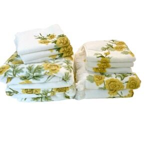 Vtg NWOT Martex‎ Terri Down 10 Pc Bath Towel Set White Gold Roses Fringe MCM NEW